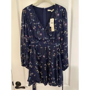 Women's Floral Bohemian V-Neck Fully Lined Long Sleeve Mini Dress Blue Sz XS NWT